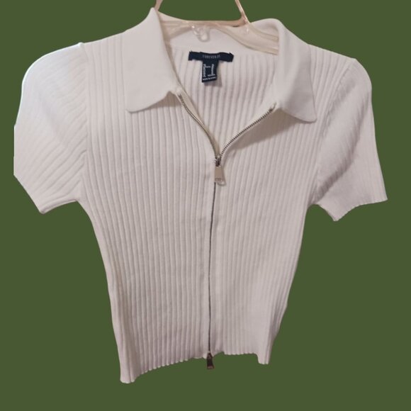 Forever 21 Ribbed Zip-Up Collared Short-Sleeve Top White Medium - Picture 1 of 7